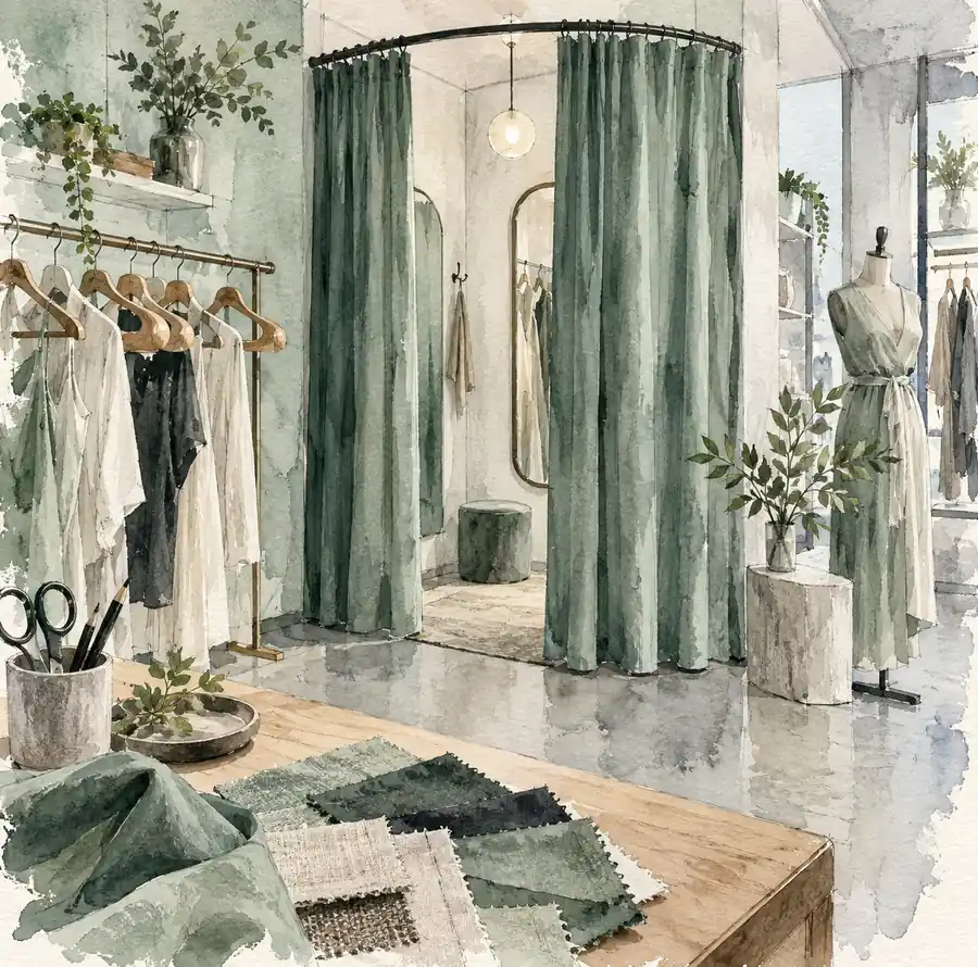 Illustration of apparel retailers equipment and workspace